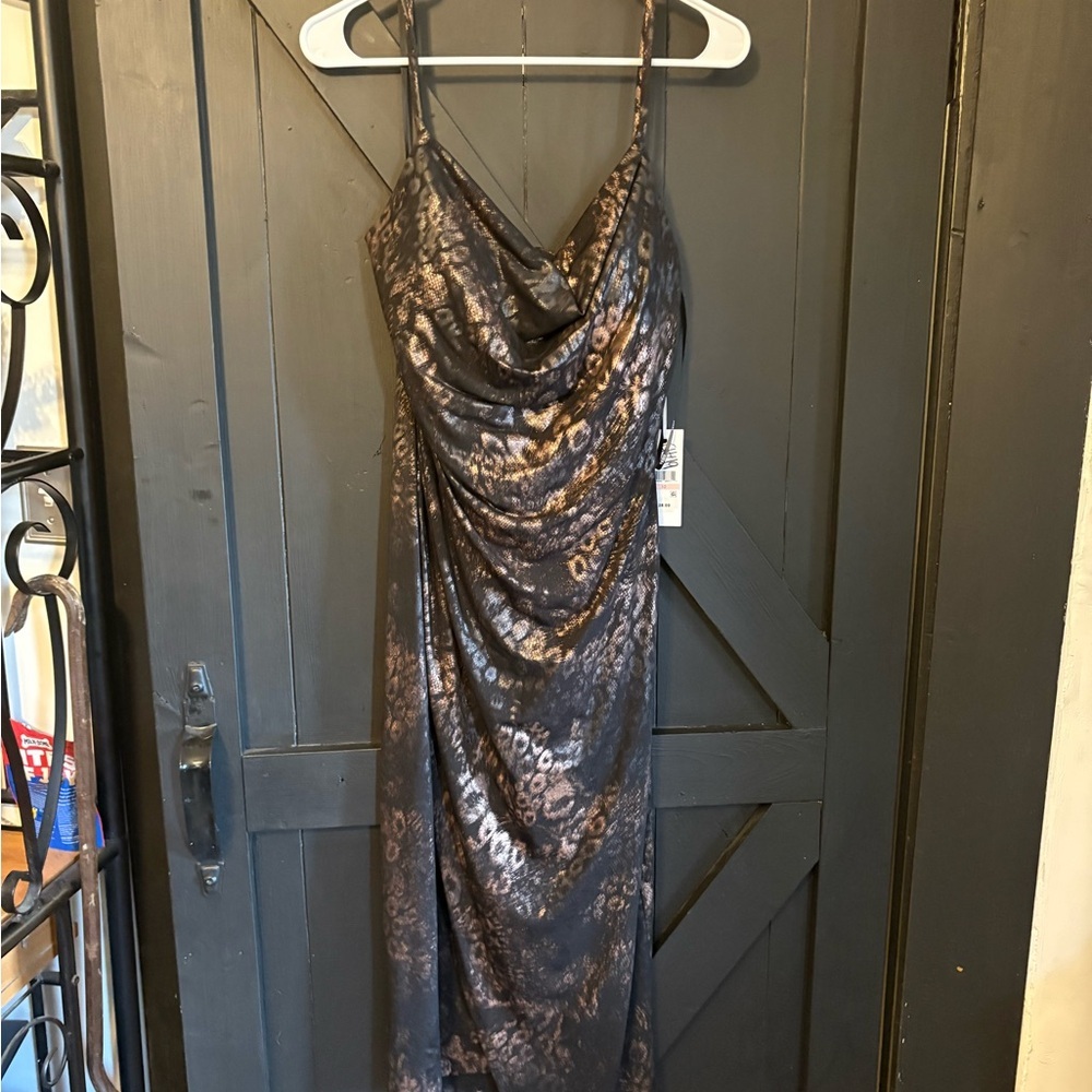 Siena Studio Black and Bronze Metallic Floral Cowl Midi Dress